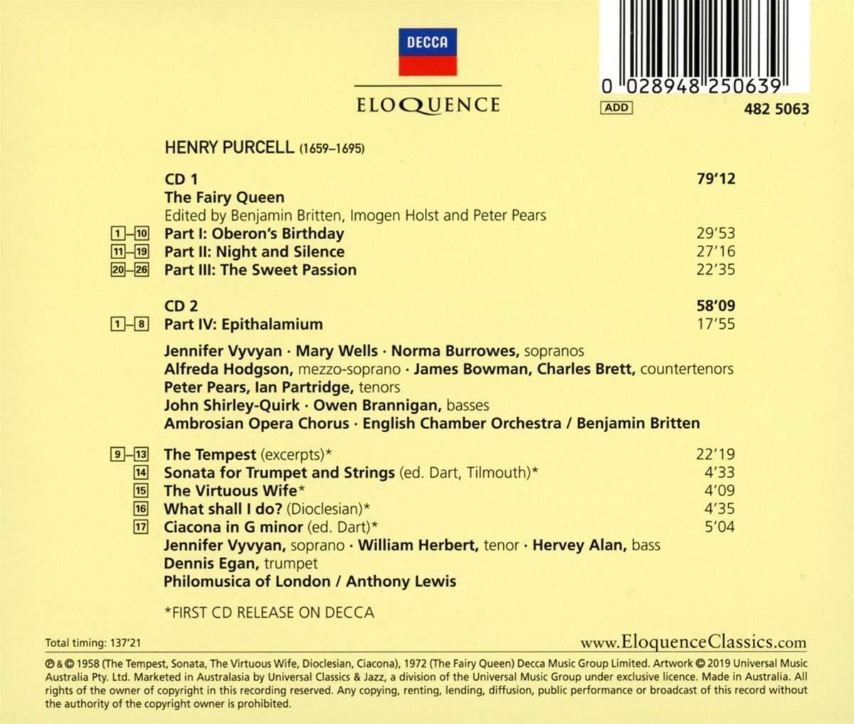 PURCELL: THE FAIRY QUEEN; SONGS & INCIDENTAL MUSIC - BRITTEN, LEWIS (2 CDS)