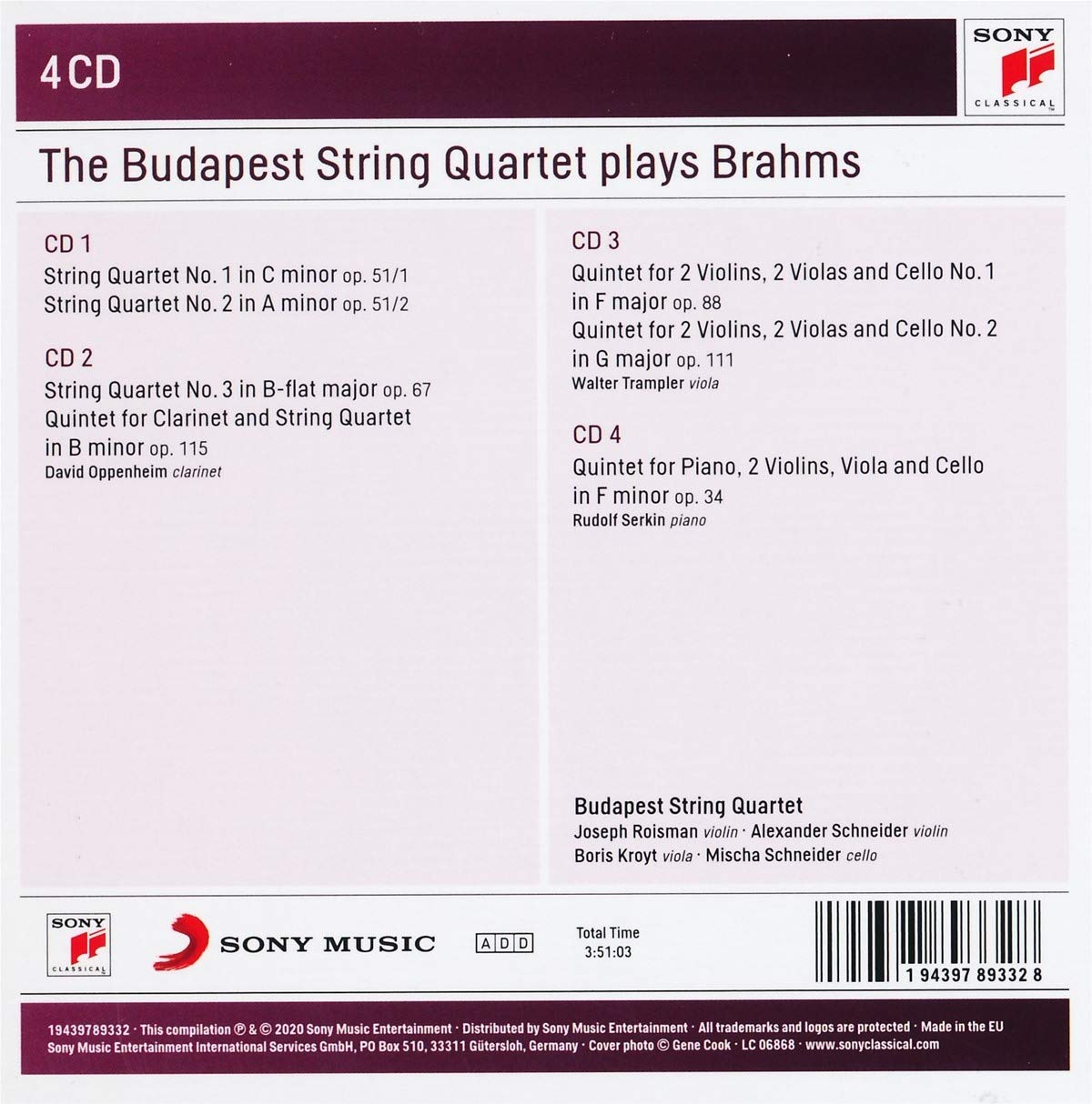 BUDAPEST STRING QUARTET PLAYS BRAHMS (4 CDS)