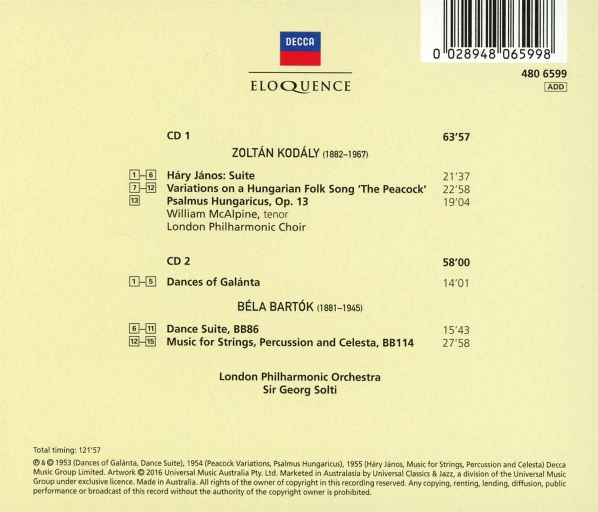 KODALY & BARTOK: ORCHESTRAL WORKS - SOLTI, LONDON PHILHARMONIC (2 CDS)