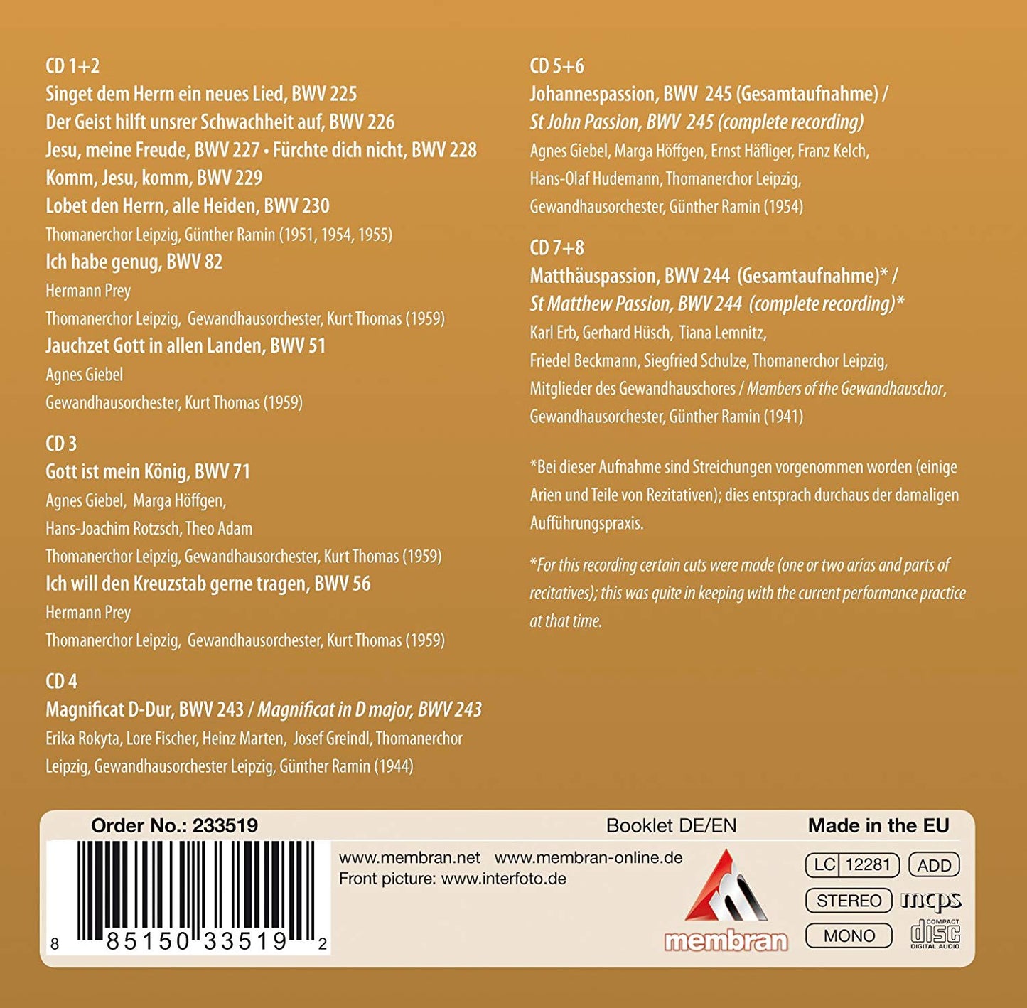 BACH: 800 YEARS OF THE ST. THOMAS CHOIR, Leipzig - MOTETS, CANTATAS, PASSIONS (8 CDS)