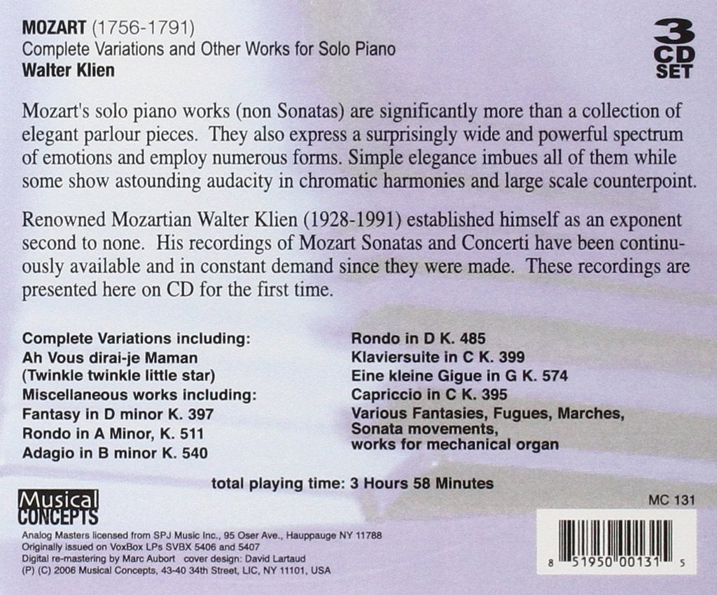 Mozart: Complete Variations and Other Works for Solo Piano - Walter Klien (3 CDs)