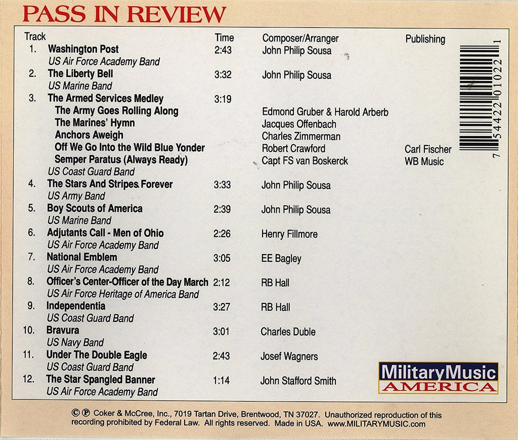 PASS IN REVIEW - US AIR FORCE ACADEMY BAND; US MARINE BAND; US COAST GUARD BAND; US ARMY BAND; US AIR FORCE HERITAGE OF AMERICA BAND; US
