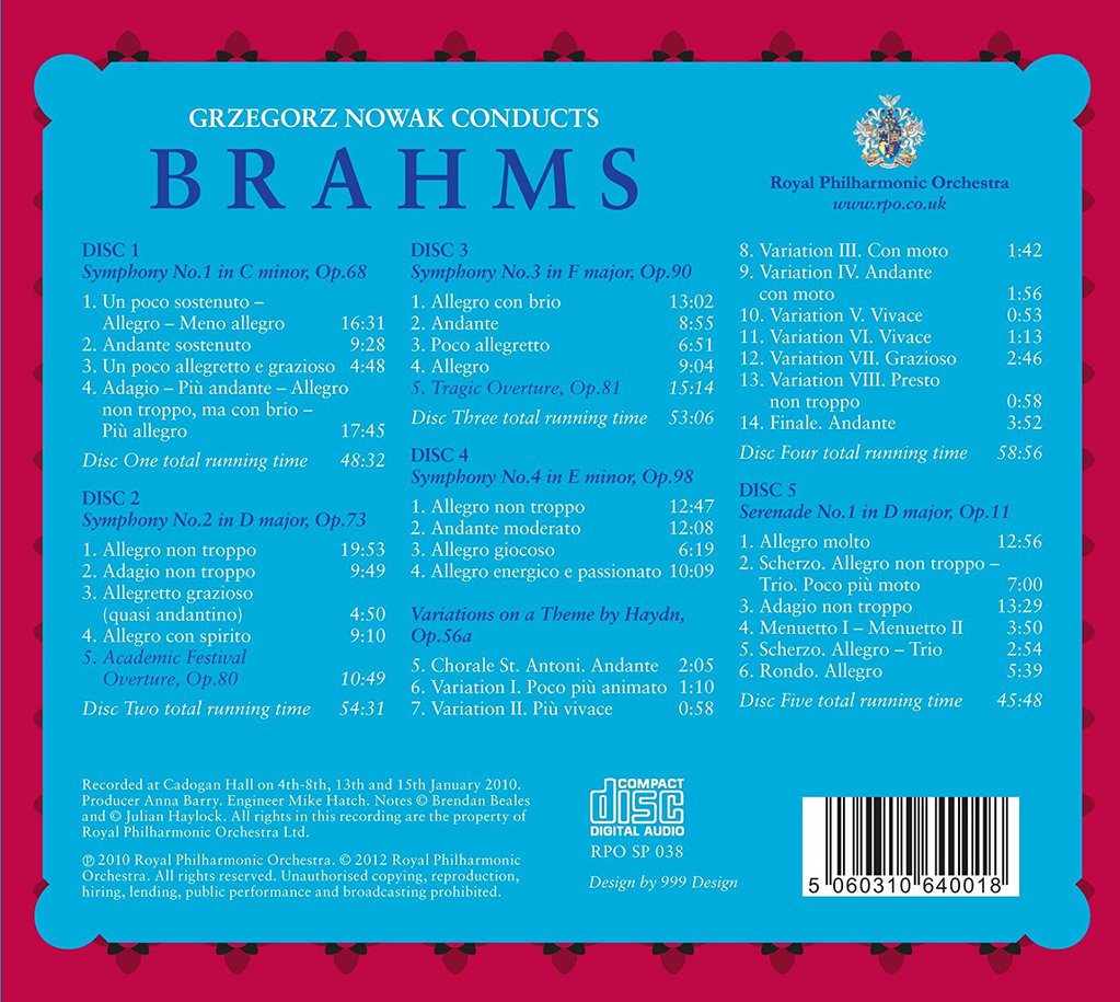 BRAHMS: COMPLETE SYMPHONIES & ORCHESTRAL WORKS - NOWAK, ROYAL PHILHARMONIC ORCHESTRA (5 CDS)