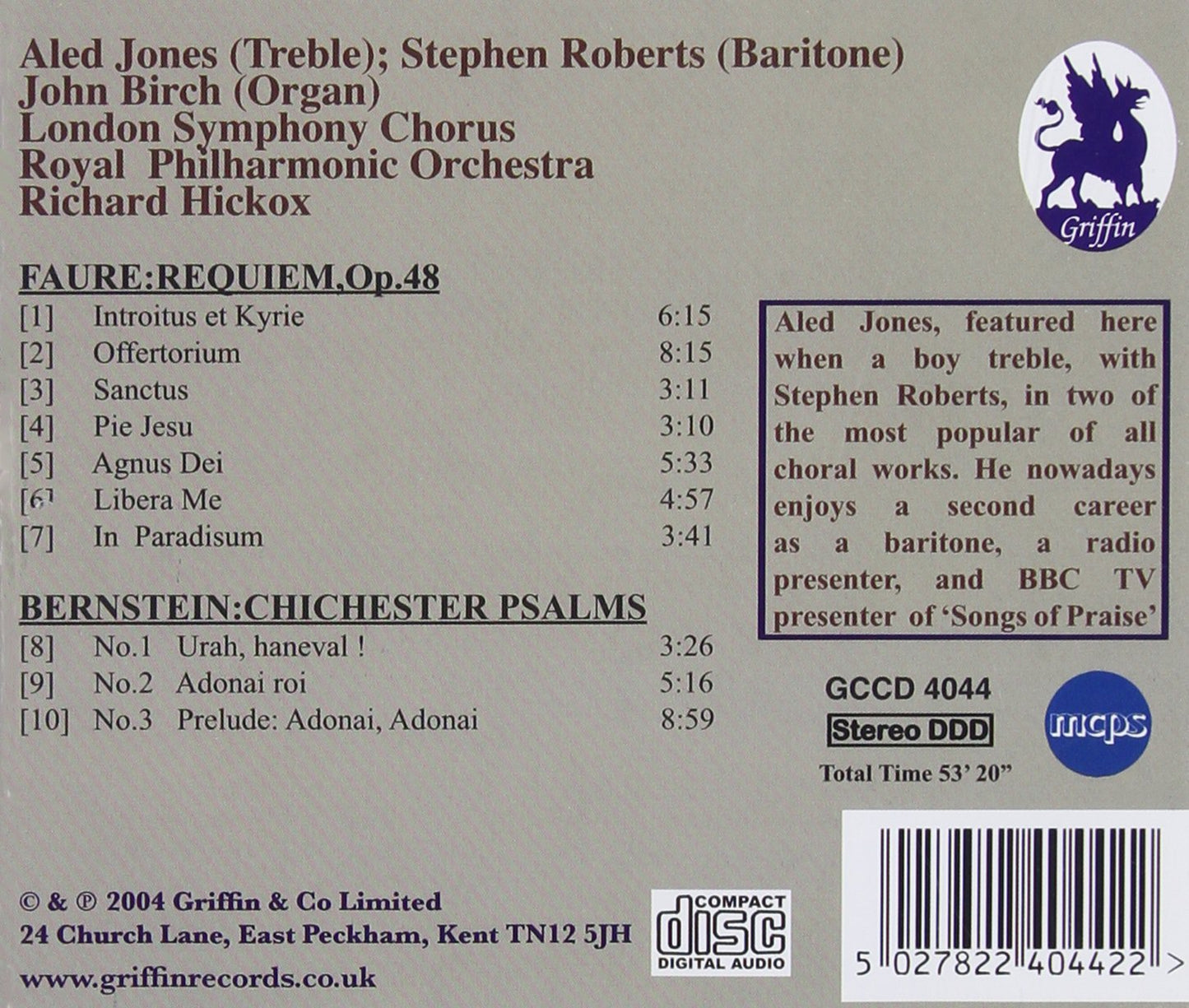 FAURE: REQUIEM; BERNSTEIN: CHICHESTER PSALMS - ALED JONES, ROYAL PHILHARMONIC