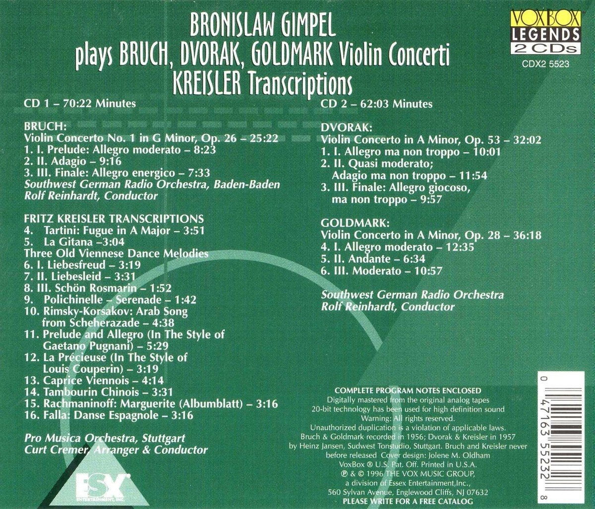 BRONISLAW GIMPEL PLAYS VIOLIN CONCERTI BY BRUCH, DVORAK & GOLDMARK, KREISLER TRANSCRIPTIONS (2 CDS)