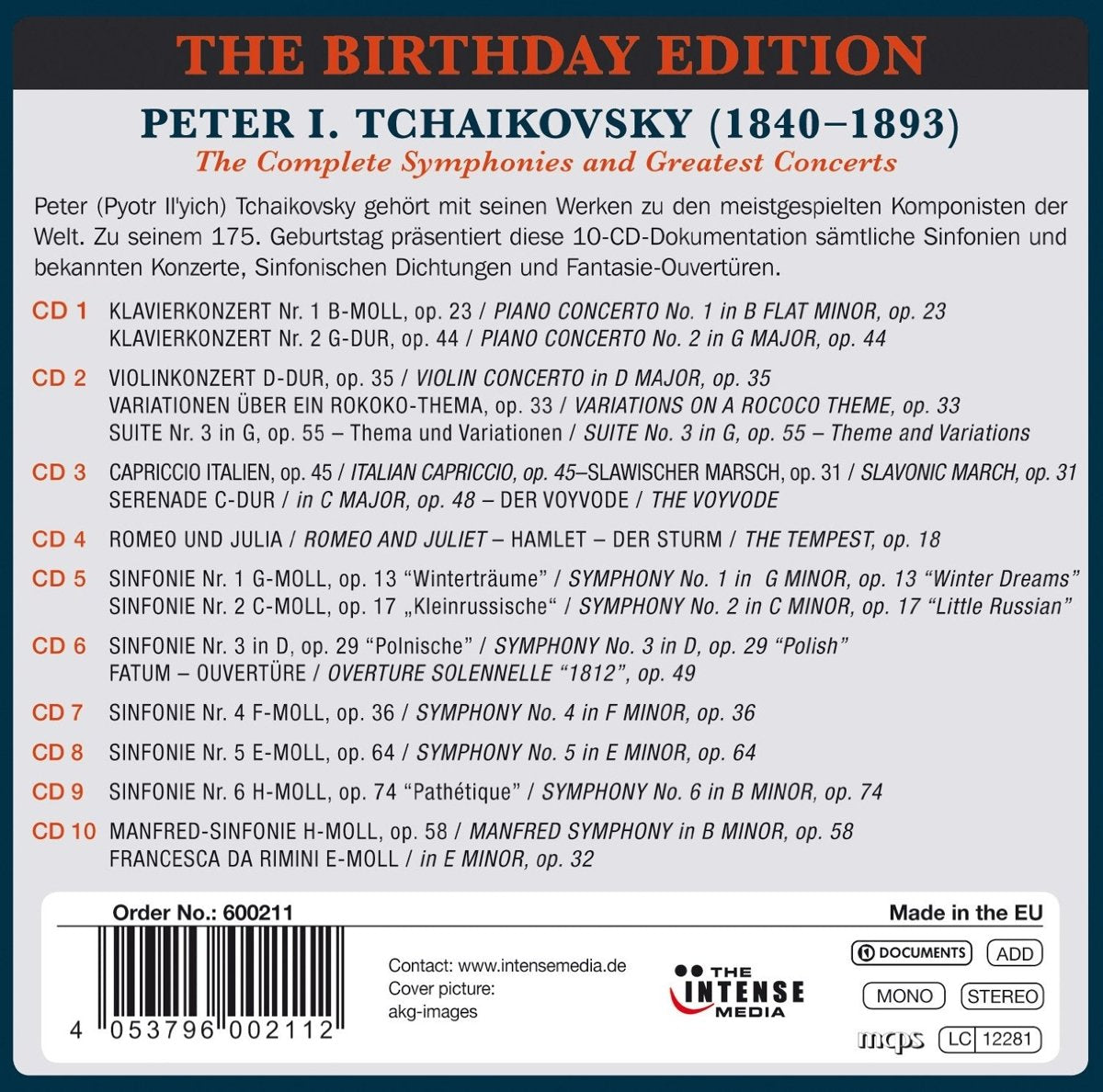 TCHAIKOVSKY: BIRTHDAY EDITION, VOL. 1 - COMPLETE SYMPHONIES AND GREATEST CONCERTOS (10 CDS)