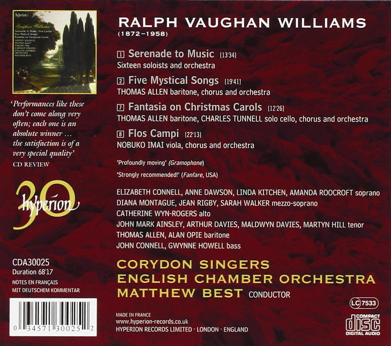 VAUGHAN WILLIAMS: SERENADE TO MUSIC, FIVE MYSTICAL SONGS, FANTASIA ON CHRISTMAS CAROLS, FLOS CAMPI - Thomas Allen, Nobuko Imai, Corydon Singers, Matthew Best, English Chamber Orchestra