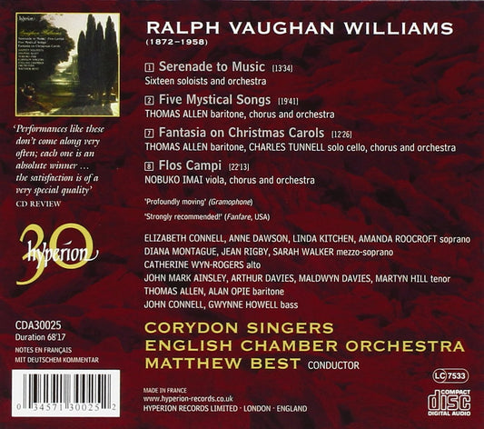 VAUGHAN WILLIAMS: SERENADE TO MUSIC, FIVE MYSTICAL SONGS, FANTASIA ON CHRISTMAS CAROLS, FLOS CAMPI - Thomas Allen, Nobuko Imai, Corydon Singers, Matthew Best, English Chamber Orchestra