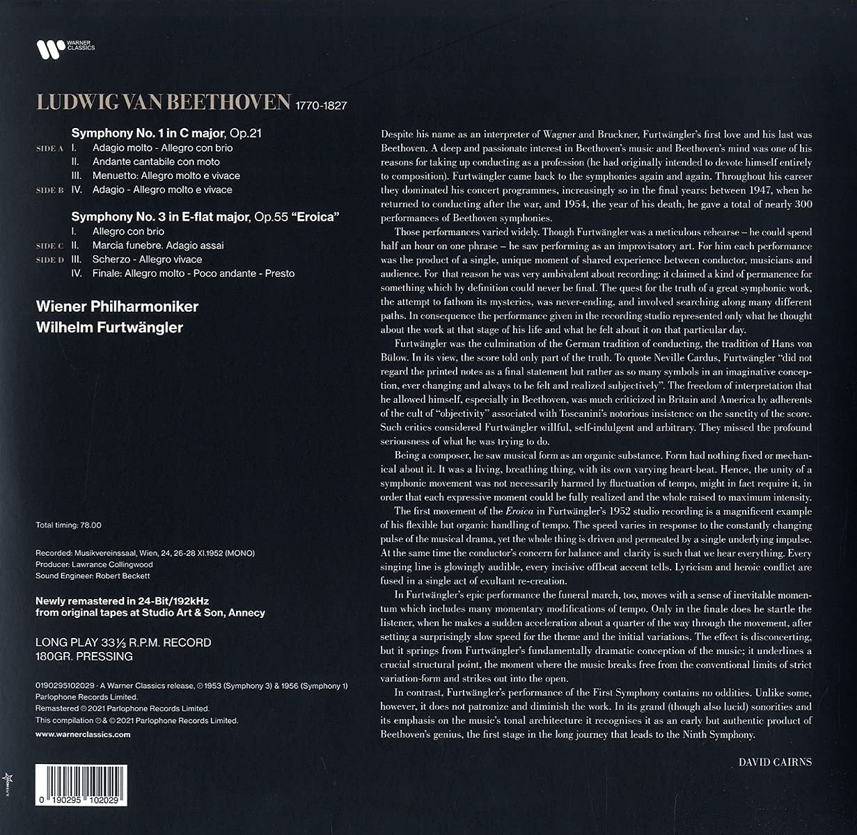 BEETHOVEN: SYMPHONIES NOS. 1 & 3 'EROICA' (1952) - WILHELM FURTWANGLER, WIENER PHILHARMONIKER (2 LPS)