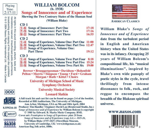 BOLCOM: SONGS OF INNOCENCE AND EXPERIENCE - University of Michigan School of Music Orchestra, Leonard Slatkin (3 CDS)