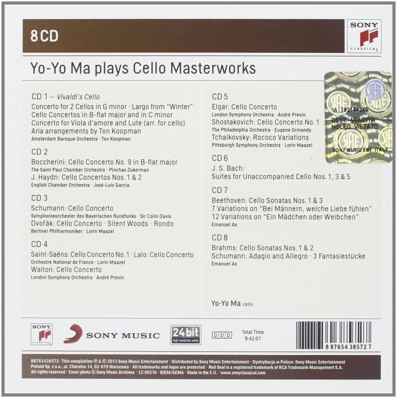 YO-YO MA PLAYS CELLO MASTERWORKS - Bach, Beethoven, Brahms, Dvorak, Elgar, Haydn, Schumann, Tchaikovsky (8 CDs)