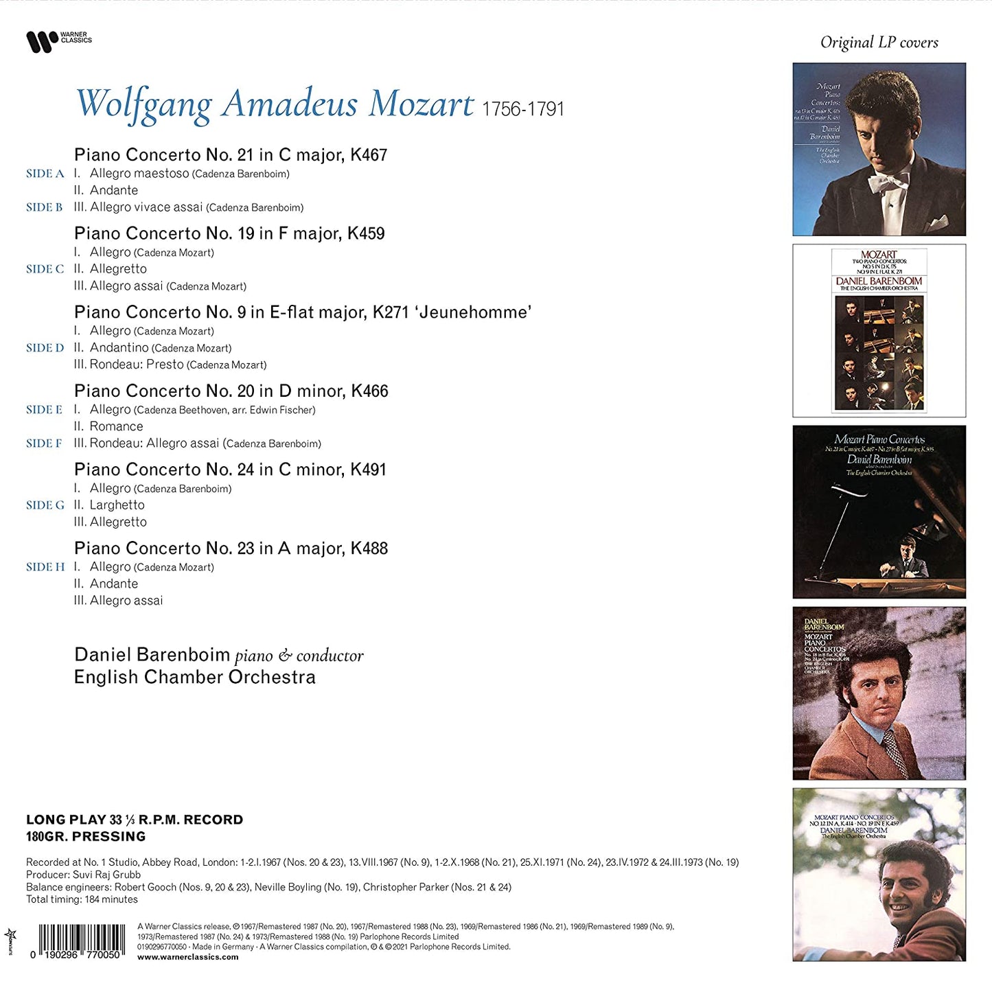 MOZART: PIANO CONCERTOS NOS. 9, 19, 20, 21, 23 & 24 - DANIEL BARENBOIM, ENGLISH CHAMBER ORCHESTRA (4 LPS)