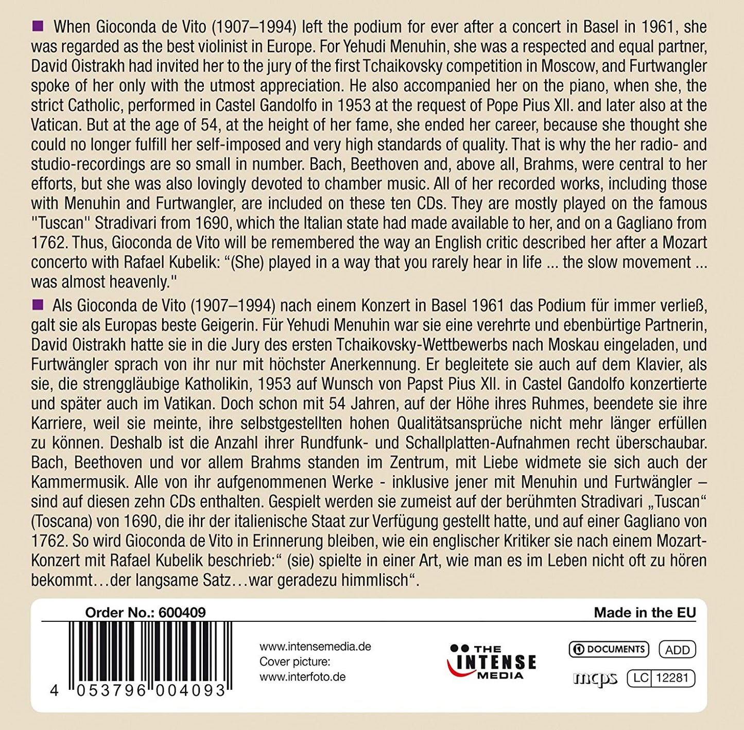 GIOCONDA DE VITO: Her Complete Recorded Masterworks For Violin (10 CDs)