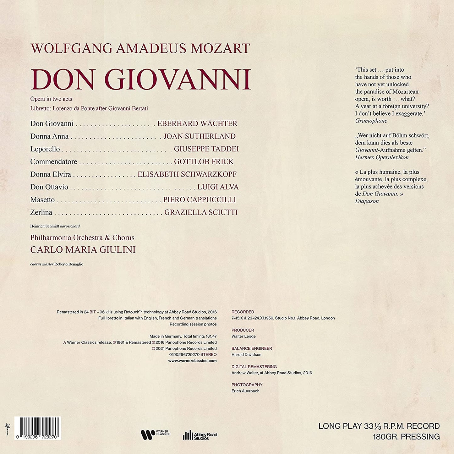 MOZART: DON GIOVANNI - CARLO MARIA GIULINI, ELISABETH SCHWARZKOPF, JOAN SUTHERLAND (4 LPS)