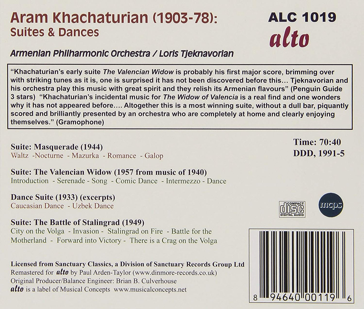 KHATCHATURIAN: SUITES & DANCES; VALENCIAN WIDOW: MASQUERADE - ARMENIAN PHILHARMONIC, TJEKNAVORIAN