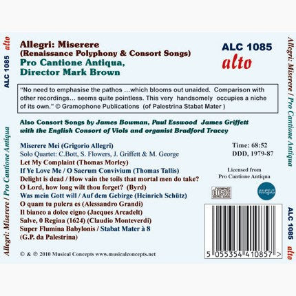 ALLEGRI: MISERERE RENAISSANCE POLYPHONY & PART SONGS - PRO CANTIONE ANTIQUA
