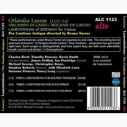 LASSUS: LAMENTATIONS OF JEREMIAH FOR FIVE VOICES - PRO CANTIONE ANTIQUA