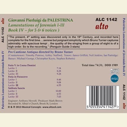 PALESTRINA: LAMENTATIONS OF JEREMIAH, BOOK FOUR - PRO CANTIONE ANTIQUA