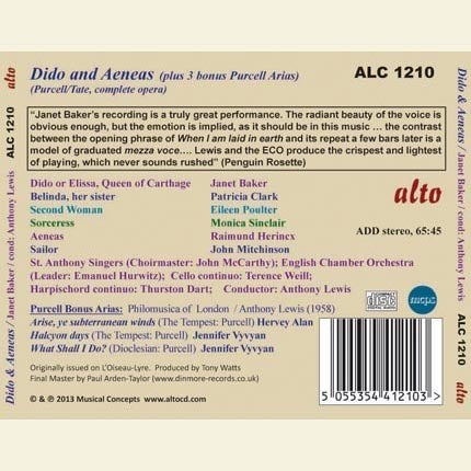 PURCELL: DIDO & AENEAS (PLUS BONUS ARIAS) - JANET BAKER, ENGLISH CHAMBER ORCHESTRA