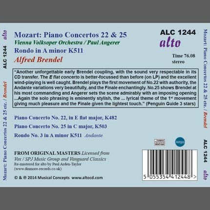 MOZART: PIANO CONCERTOS 22 & 25; RONDO NO. 3 - ALFRED BRENDEL, VIENNA VOLKSOPER ORCHESTRA, PAUL ANGERER