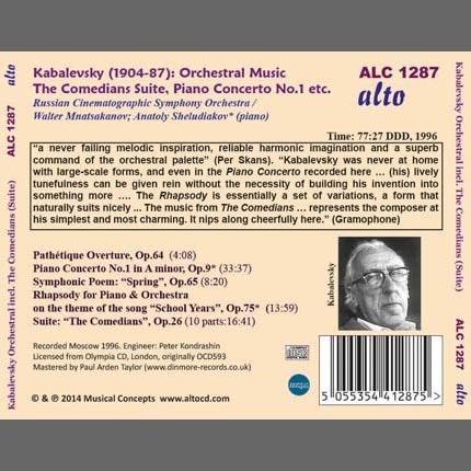 KABALEVSKY: THE COMEDIANS; PIANO CONCERTO - RUSSIAN CINEMATOGRAPHIC ORCHESTRA