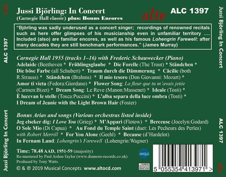 JUSSI BJORLING IN CONCERT (INCLUDING THE CLASSIC CARNEGIE HALL CONCERT)