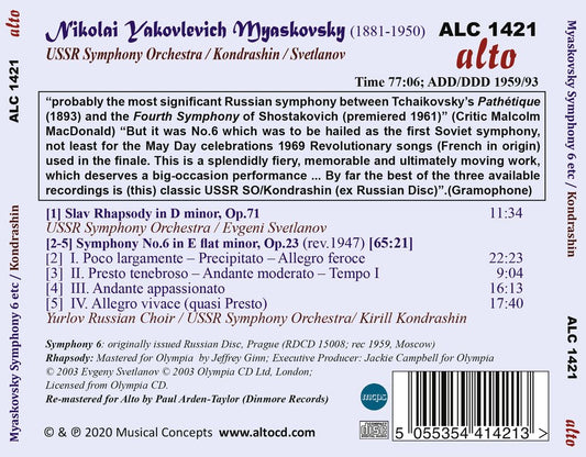 MYASKOVSKY: SYMPHONY NO. 6, SLAV RHAPSODY - USSR SYMPHONY, KONDRASHIN, MRAVINSKY