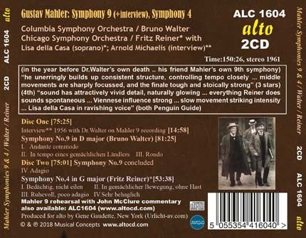 MAHLER: SYMPHONY NO. 9 (+INTERVIEW) & SYMPHONY NO. 4 (2 CDS) - BRUNO WALTER, FRITZ REINER, COLUMBIA SYMPHONY, CHICAGO SYMPHONY