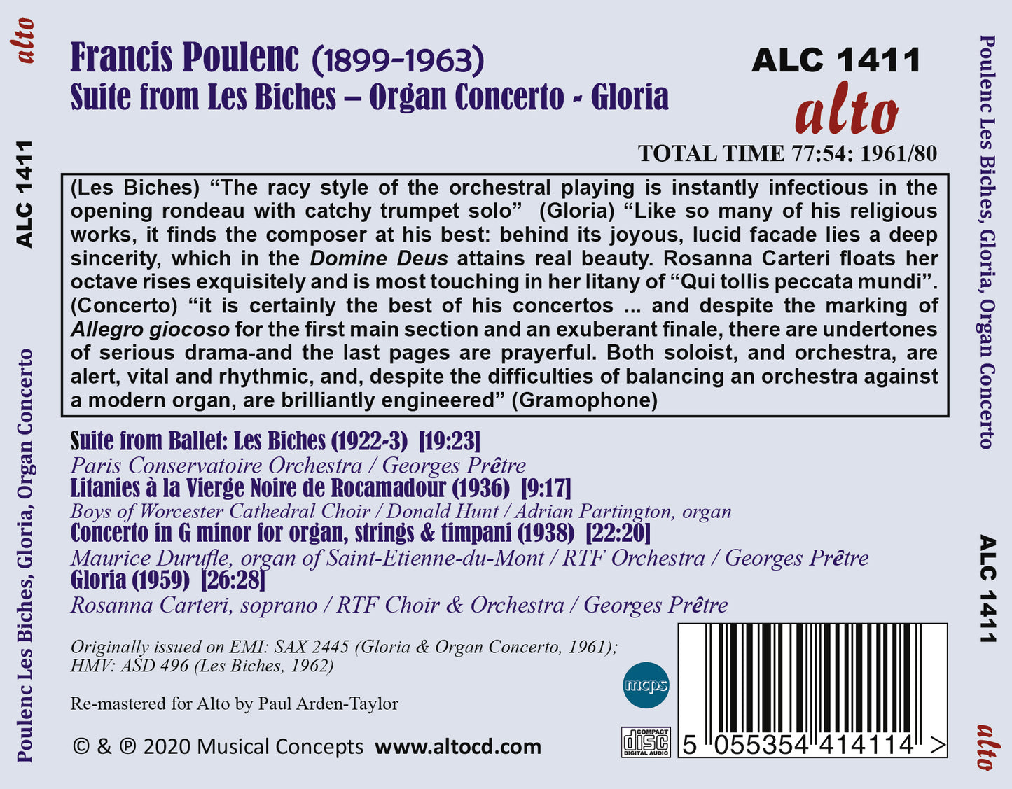 POULENC: Les Biches; Organ Concerto; Gloria; Litanies de la Vierge de Rocamador - Georges Pretre, Paris Conservatoire Orchestra, Maurice Durufle, organ