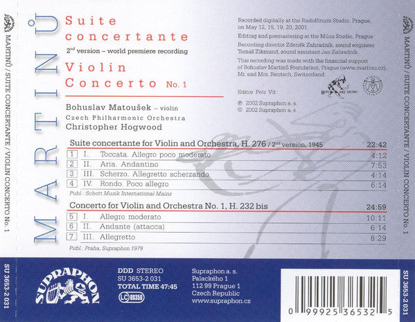 MARTINU: Suite Concertante; Violin Concerto No. 1 - Bohuslav Matoušek, Christopher Hogwood, Czech Philharmonic