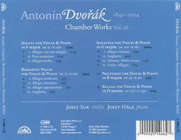 DVORAK: Chamber Music for Violin and Piano (Chamber Music, Vol.16) - Josef Suk, Josef Hala,J.