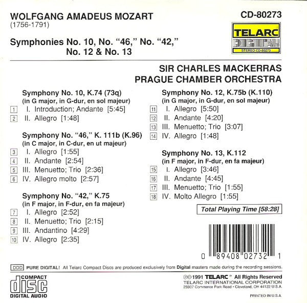 MOZART: SYMPHONIES NO. 10, 12, 13, "42", "46" - Prague Chamber Orchestra, Charles Mackerras