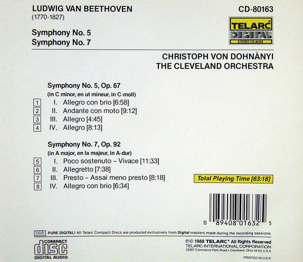 BEETHOVEN: SYMPHONIES NO. 5 & 7 - Cleveland Orchestra, Christoph von Dohnanyi