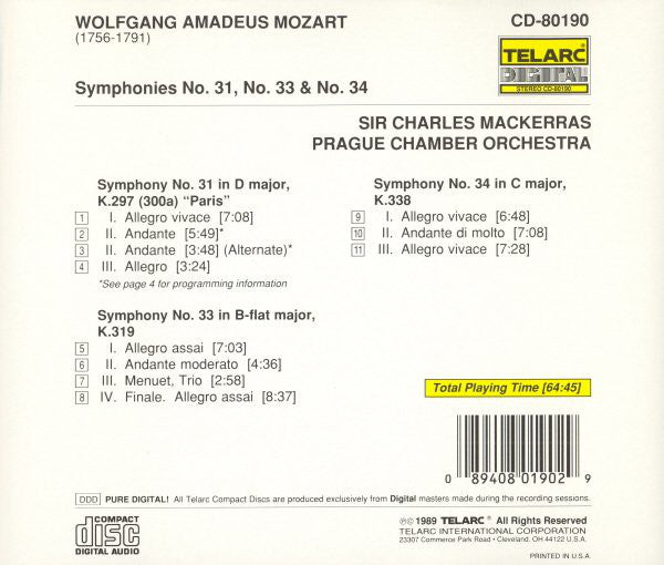 MOZART: SYMPHONIES NO. 31, 33, 34 - Mackerras, Prague Chamber Orchestra