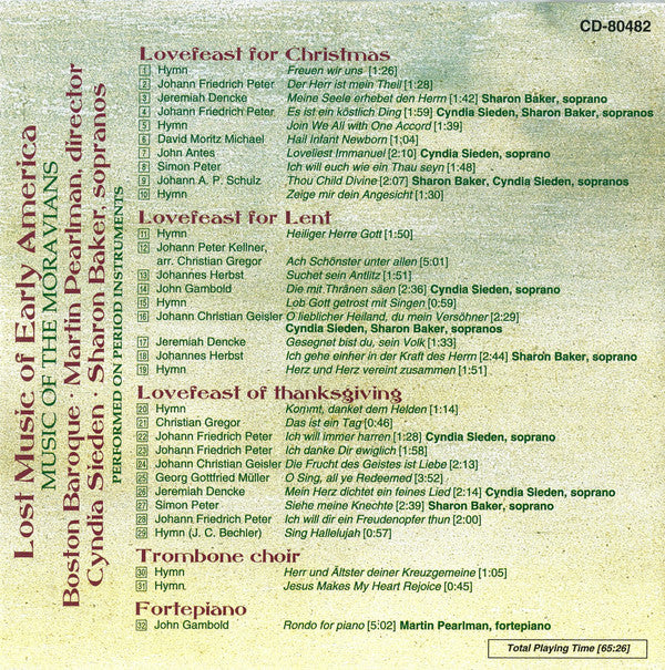 LOST MUSIC OF EARLY AMERICA (MUSIC of the MORAVIANS) - Boston Baroque, Martin Pearlman