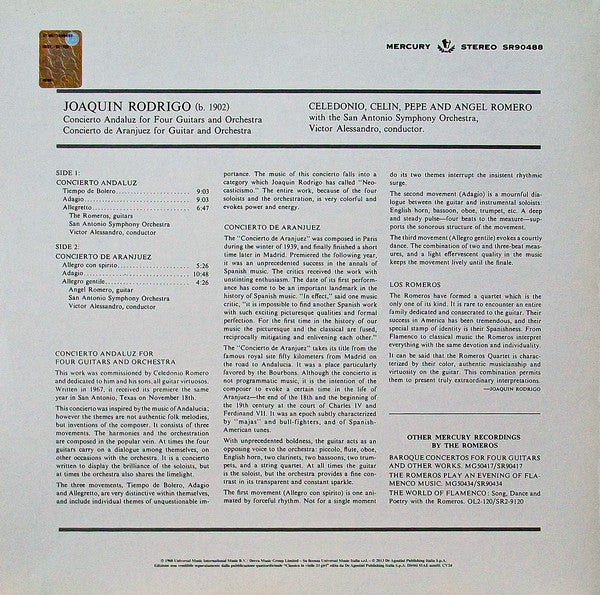RODRIGO: CONCIERTO DE ARANJUEZ; CONCIERTO ANDALUZ - ANGEL & PEPE ROMERO, SAN ANTONIO SYMPHONY ORCHESTRA, VICTOR ALESSANDRO (180 GRAM VINYL LP)