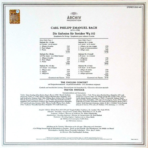 BACH, C.P.E.: SYMPHONIES FOR STRINGS ON ORIGINAL INSTRUMENTS - THE ENGLISH CONCERT, TREVOR PINNOCK (180 GRAM VINYL LP)