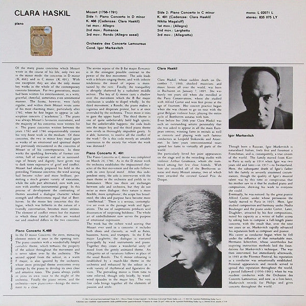 MOZART: PIANO CONCERTOS K466 & K491 - CLARA HASKIL, IGOR MARKEVITCH, ORCHESTRE DES CONCERTES LAMOREUX (180 GRAM VINYL LP)