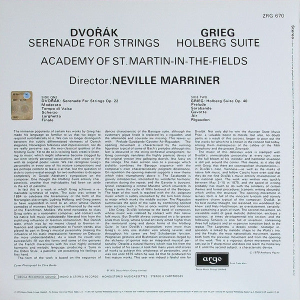 DVORAK: SERENADE FOR STRINGS; GRIEG: HOLBERG SUITE - NEVILLE MARRINER, ACADEMY OF ST MARTIN IN THE FIELDS (180 GRAM VINYL LP)