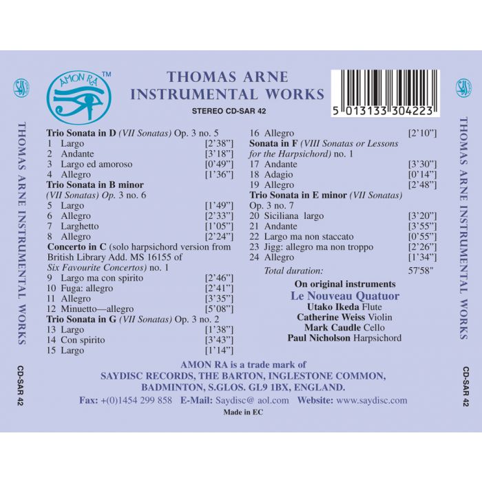 Arne: Instrumental Works (Trio Sonatas & Harpsichord Solos) - Le Nouveau Quatuor