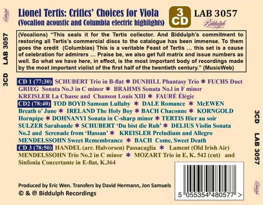 LIONEL TERTIS: CRITICS' CHOICES FOR VIOLA (3 CDs)