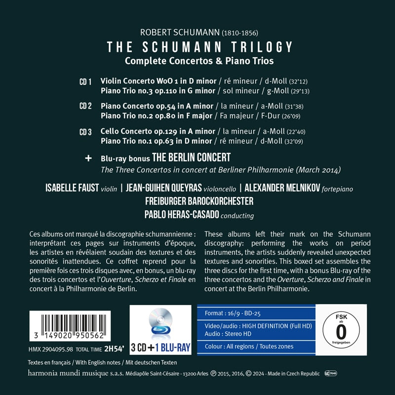 SCHUMANN: Complete Concertos & Piano Trios - Isabelle Faust, Jean-Guihen Queyras, Alexander Melnikov, Freiburger Barockorchester, Pablo Heras-Casado  (3 CDs + Blu-ray)