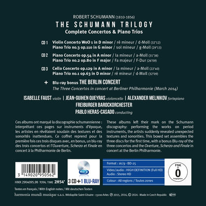 SCHUMANN: Complete Concertos & Piano Trios - Isabelle Faust, Jean-Guihen Queyras, Alexander Melnikov, Freiburger Barockorchester, Pablo Heras-Casado  (3 CDs + Blu-ray)