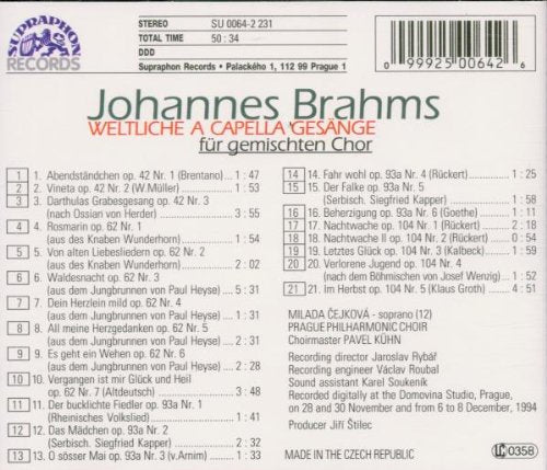 Brahms: Secular a cappella works - Cejkova, Kühn, Prague Philharmonic Choir