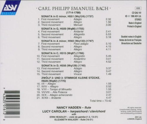 BACH, C.P.E.: 5 Flute Sonatas, 12 Kleine Stucke for 2 Flutes - Nancy Hadden, Lucy Carolan, Erin Headley