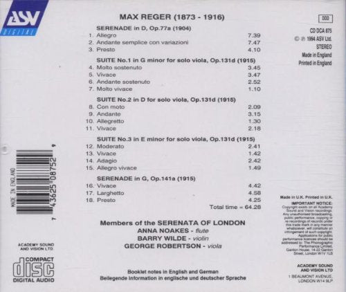 REGER: Vol. 1 - Serenades - The Serenata Of London, Anna Noakes, Barry Wilde, George Robertson
