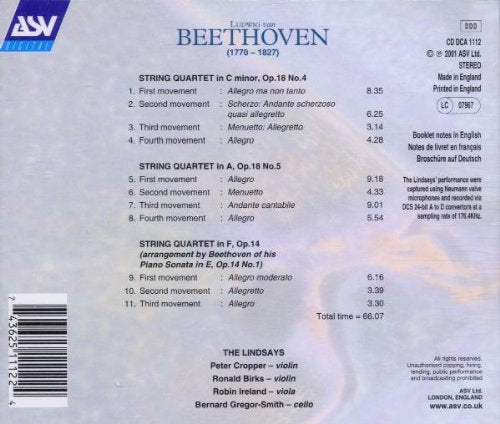BEETHOVEN: The String Quartets, Vol. 2 (Op. 18, Nos. 4 & 5) - The Lindsays