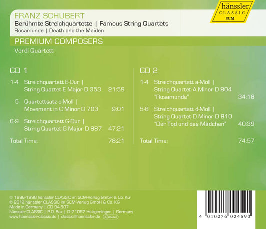 SCHUBERT: Famous String Quartets - Verdi Quartett (2 CDs)