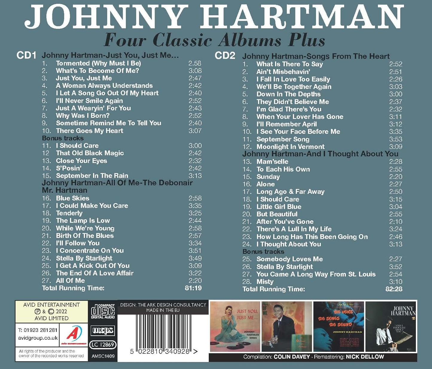 JOHNNY HARTMAN - Four Classic Albums Plus  (Just You, Just Me / All Of Me: The Debonair Mr Hartman / Songs From The Heart / And I Thought About You) (2CD)