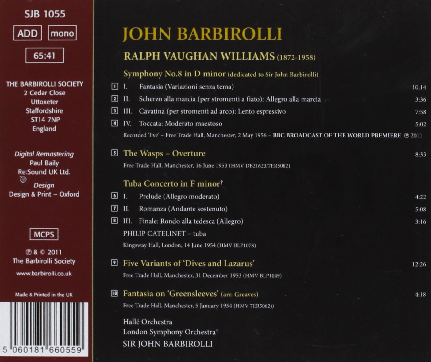 Vaughan Williams: Symphony No 8, The Wasps Overture, Tuba Concerto - John Barbirolli, Halle Orchestra